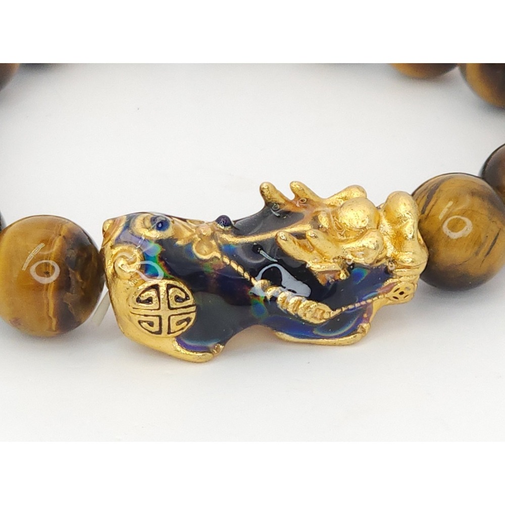 Natural Tigers Eye Bracelet Pixiu Charm Lucky Prosperity 8" Detailed .999 plated - Picture 2 of 10